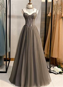 Picture of Grey Sweetheart Beaded Straps Long Tulle Prom Dresses, Grey A-line Formal Dresses Evening Dresses
